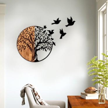 Διακοσμητικό τοίχου Tree with Birds Megapap ξύλινο - μεταλλικό χρώμα καρυδί - μαύρο 92x3x71εκ.
