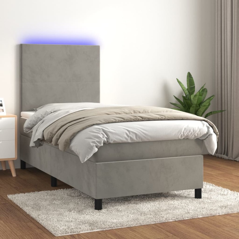 vidaXL Κρεβάτι Boxspring με Στρώμα & LED Αν.Γκρι 80x200cm Βελούδινο 1 τεμ. - Μονό