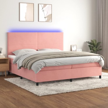 vidaXL Κρεβάτι Boxspring με Στρώμα & LED Ροζ 200x200cm Βελούδινο 1 τεμ. - Διπλό