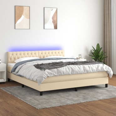 vidaXL Κρεβάτι Boxspring με Στρώμα & LED Κρεμ 160x200cm Υφασμάτινο 1 τεμ. - Διπλό