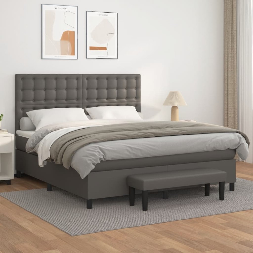 vidaXL Κρεβάτι Boxspring με Στρώμα Γκρι 160x200cm από Συνθετικό Δέρμα 1 τεμ. - Διπλό