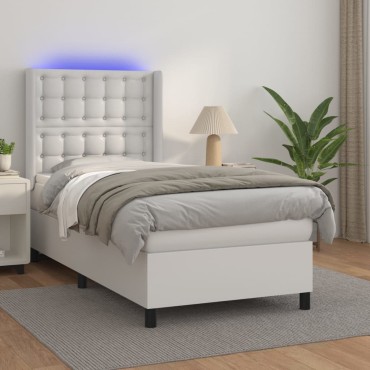 vidaXL Κρεβάτι Boxspring με Στρώμα & LED Λευκό 90x190cm Συνθ. Δέρμα 1 τεμ. - Μονό