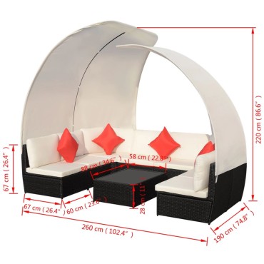 vidaXL Σαλόνι Κήπου 9 τεμ. Μαύρο από Συνθετικό Ρατάν με Σκίαστρα 260x190x220cm