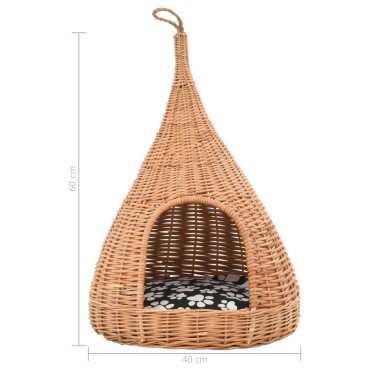 vidaXL Σπίτι Γάτας Teepee με Μαξιλάρι 40x60 εκ. από Φυσικό Ξύλο Ιτιάς