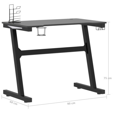 vidaXL Γραφείο Gaming με LED Μαύρο 90x60x75cm με Πόδια σε Σχήμα Ζ 1 τεμ.