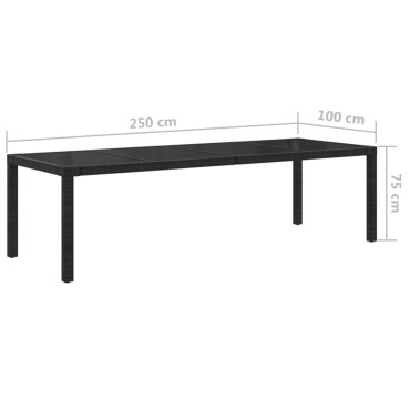 vidaXL Τραπέζι Κήπου Μαύρο 250x100x75cm Ψημένο Γυαλί/Συνθετικό Ρατάν 1 τεμ.