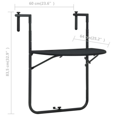 vidaXL Τραπέζι Μπαλκονιού Κρεμαστό Μαύρο 60x64x83,5cm Πλαστικό Ρατάν 1 τεμ.