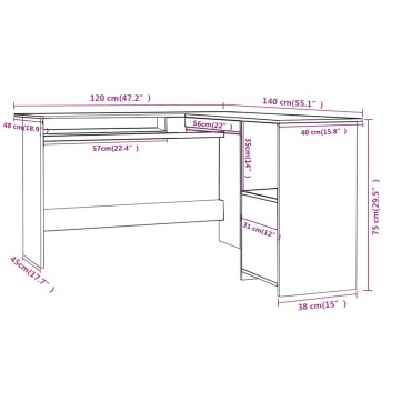 vidaXL Γραφείο Γωνιακό Γυαλιστερό Λευκό 120x140x75cm Επεξ. Ξύλο 1 τεμ.