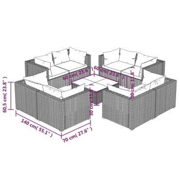 vidaXL Σαλόνι Κήπου 9 τεμ. Μαύρο Συνθετικό Ρατάν με Μαξιλάρια 70x70x60,5cm