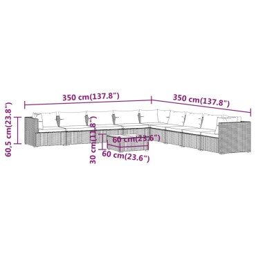 vidaXL Σαλόνι Κήπου Σετ 10 τεμ. Μαύρο Συνθετικό Ρατάν με Μαξιλάρια 60x60x30cm