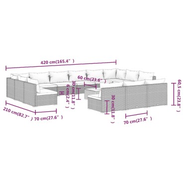 vidaXL Σαλόνι Κήπου 14 τεμ. Καφέ Συνθετικό Ρατάν με Μαξιλάρια 70x70x60,5cm