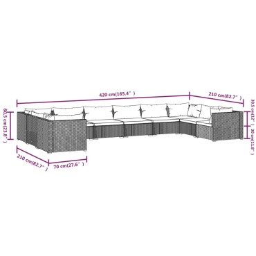 vidaXL Σαλόνι Κήπου Σετ 10 τεμ. Καφέ Συνθετικό Ρατάν με Μαξιλάρια 70x70x60,5cm