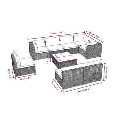 vidaXL Σαλόνι Κήπου 9 τεμ. Γκρι από Συνθετικό Ρατάν με Μαξιλάρια 60x60x30cm