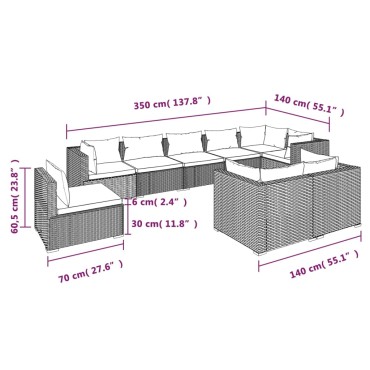 vidaXL Σαλόνι Κήπου 9 τεμ. Γκρι από Συνθετικό Ρατάν με Μαξιλάρια 70x70x60,5cm