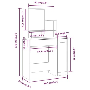 vidaXL Μπουντουάρ με Καθρέπτη Καπνιστή Δρυς 86,5x35x136cm 1 τεμ.