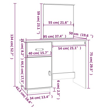 vidaXL Μπουντουάρ Καφέ μελί 95x50x134cm Μασίφ Ξύλο Πεύκου 1 τεμ.