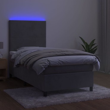 vidaXL Κρεβάτι Boxspring με Στρώμα & LED Αν.Γκρι 80x200cm Βελούδινο 1 τεμ. - Μονό