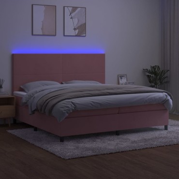 vidaXL Κρεβάτι Boxspring με Στρώμα & LED Ροζ 200x200cm Βελούδινο 1 τεμ. - Διπλό