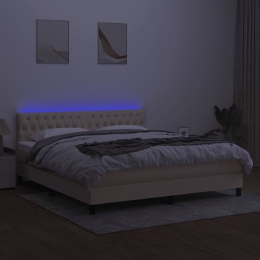 vidaXL Κρεβάτι Boxspring με Στρώμα & LED Κρεμ 160x200cm Υφασμάτινο 1 τεμ. - Διπλό