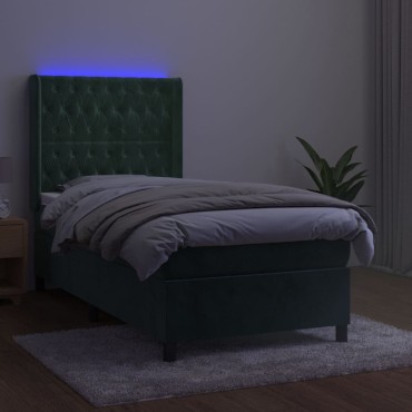 vidaXL Κρεβάτι Boxspring με Στρώμα & LED Σκ. Πράσινο 90x190cm Βελούδο 1 τεμ. - Μονό