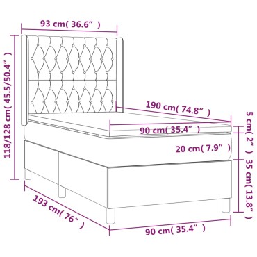 vidaXL Κρεβάτι Boxspring με Στρώμα & LED Σκ. Πράσινο 90x190cm Βελούδο 1 τεμ. - Μονό