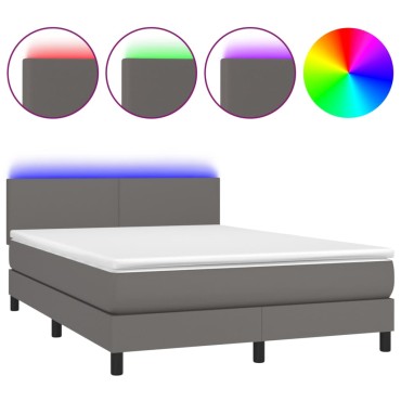 vidaXL Κρεβάτι Boxspring με Στρώμα & LED Γκρι 140x200cm Συνθ. Δέρμα 1 τεμ. - Διπλό