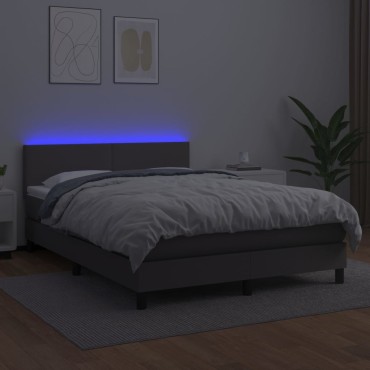 vidaXL Κρεβάτι Boxspring με Στρώμα & LED Γκρι 140x200cm Συνθ. Δέρμα 1 τεμ. - Διπλό