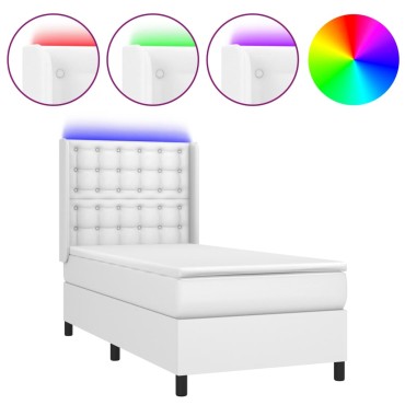 vidaXL Κρεβάτι Boxspring με Στρώμα & LED Λευκό 90x190cm Συνθ. Δέρμα 1 τεμ. - Μονό
