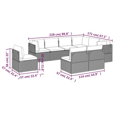 vidaXL Σαλόνι Κήπου 9 τεμ. από Γκρι Συνθετικό Ρατάν με Μαξιλάρια 57x57x56cm