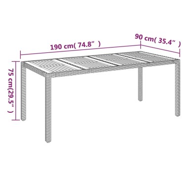 vidaXL Τραπέζι Κήπου με Ξύλινη Επιφάνεια Γκρι 190x90x75cm Συνθ. Ρατάν 1 τεμ.