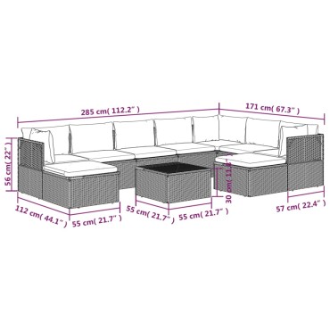 vidaXL Σαλόνι Κήπου 10 τεμ. Γκρι από Συνθετικό Ρατάν με Μαξιλάρια 57x57x56cm