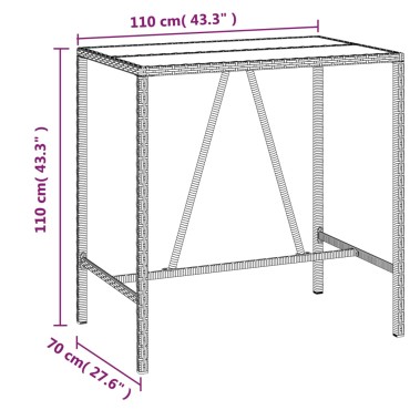 vidaXL Τραπέζι Μπαρ με Γυάλ. Επιφάνεια Γκρι 110x70x110cm Συνθ. Ρατάν 1 τεμ.