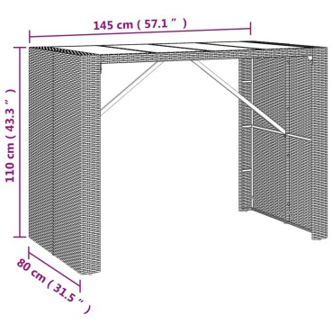 vidaXL Τραπέζι Μπαρ με Γυάλ. Επιφάνεια Γκρι 145x80x110cm Συνθ. Ρατάν 1 τεμ.