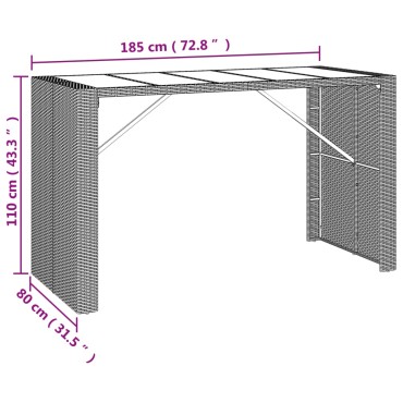 vidaXL Τραπέζι Μπαρ με Γυάλ. Επιφάνεια Καφέ 185x80x110cm Συνθ. Ρατάν 1 τεμ.