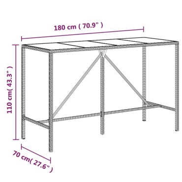 vidaXL Τραπέζι Μπαρ με Γυάλ. Επιφάνεια Μαύρο 180x70x110cm Συνθ. Ρατάν 1 τεμ.