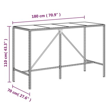 vidaXL Τραπέζι Μπαρ με Γυάλ. Επιφάνεια Γκρι 180x70x110cm Συνθ. Ρατάν 1 τεμ.