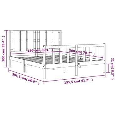 vidaXL Πλαίσιο Κρεβατιού με Κεφαλάρι Λευκό Μασίφ Ξύλο King Size 205,5x155,5x100cm 1 τεμ. - Διπλό