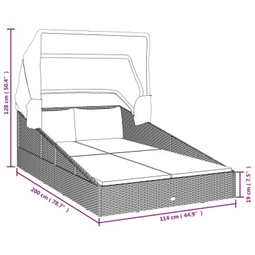 vidaXL Ξαπλώστρα με Πτυσσόμενη Οροφή Γκρι 200x114x128cm Συνθ. Ρατάν - Μονό