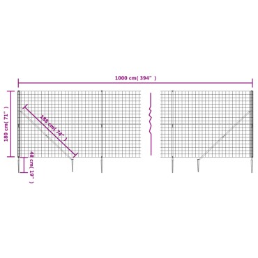 vidaXL Συρματόπλεγμα Περίφραξης Ανθρακί 1,8 x 10 μ. με Καρφωτές Βάσεις