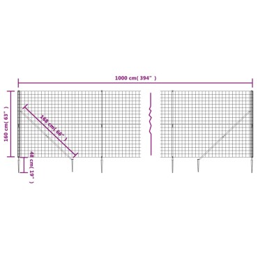 vidaXL Συρματόπλεγμα Περίφραξης Ανθρακί 1,6 x 10 μ. με Καρφωτές Βάσεις