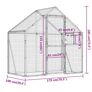 vidaXL Κλουβί Ασημένιο 179 x 100 x 185 εκ. από Αλουμίνιο