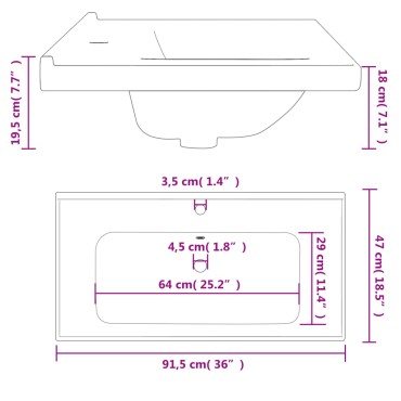 vidaXL Νιπτήρας Μπάνιου Ορθογώνιος Λευκός 91,5x48x19,5 εκ. Κεραμικός