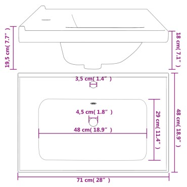 vidaXL Νιπτήρας Μπάνιου Ορθογώνιος Λευκός 71 x 48 x 19,5 εκ. Κεραμικός