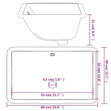 vidaXL Νιπτήρας Μπάνιου Ορθογώνιος Λευκός 60 x 40 x 21 εκ. Κεραμικός