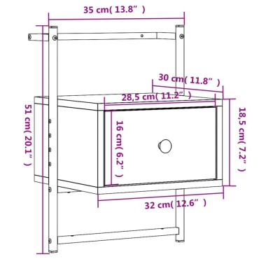 vidaXL Κομοδίνο Επιτοίχιο Καφέ Δρυς 35x30x51cm από Επεξεργ. Ξύλο 1 τεμ.