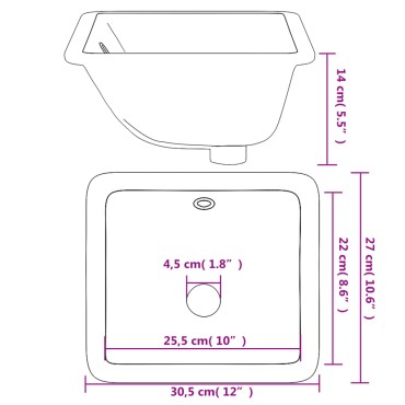 vidaXL Νιπτήρας Μπάνιου Ορθογώνιος Λευκός 30,5x27x14 εκ. Κεραμικός