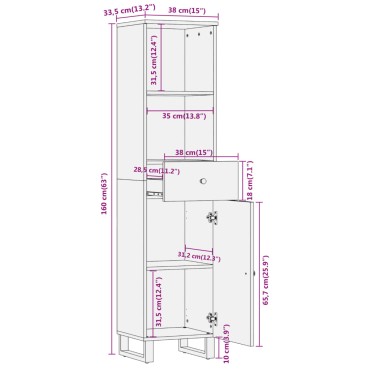 vidaXL Ντουλάπι Μπάνιου Καφέ/Μαύρο 38x33,5x160cm Μασίφ Ξύλο Μάνγκο 1 τεμ.