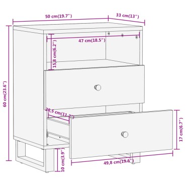 vidaXL Κομοδίνο Καφέ και Μαύρο 50x33x60cm από Μασίφ Ξύλο Μάνγκο 1 τεμ.