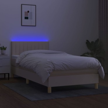 vidaXL Κρεβάτι Boxspring με Στρώμα & LED Κρεμ 100x200cm Υφασμάτινο 1 τεμ. - Μονό
