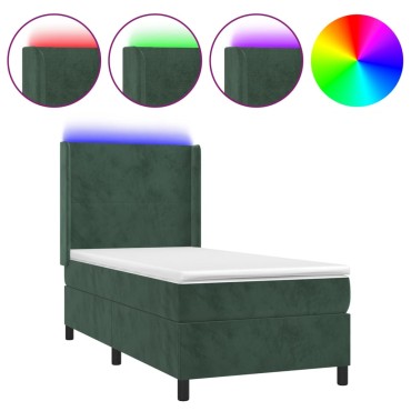 vidaXL Κρεβάτι Boxspring με Στρώμα & LED Σκ. Πράσινο 100x200cm Βελούδο 1 τεμ. - Μονό